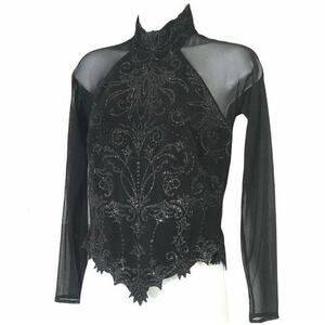 Vintage 90s Tadashi Shoji Mesh Sheer Embellished Mock Neck Top Basque Waist Goth